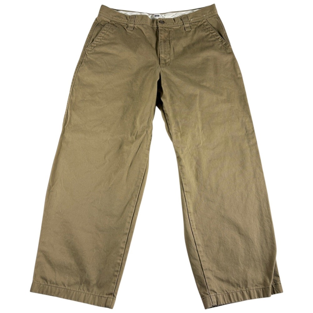 Uniqlo U Wide Fit Chino Pants Mens 38 khaki Cotton Flat Front Casual Workwear